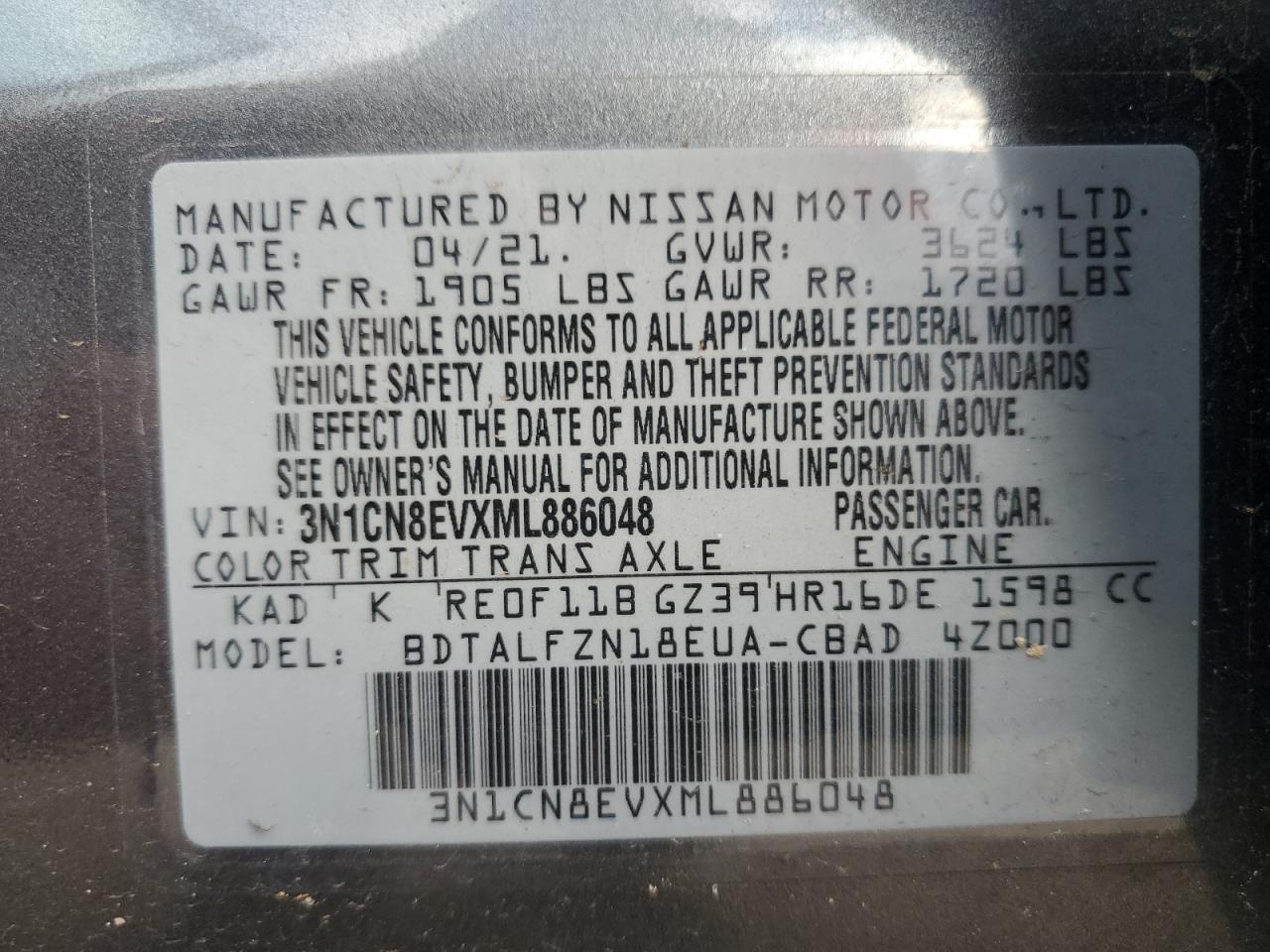 VIN 3N1CN8EVXML886048 2021 NISSAN VERSA no.12