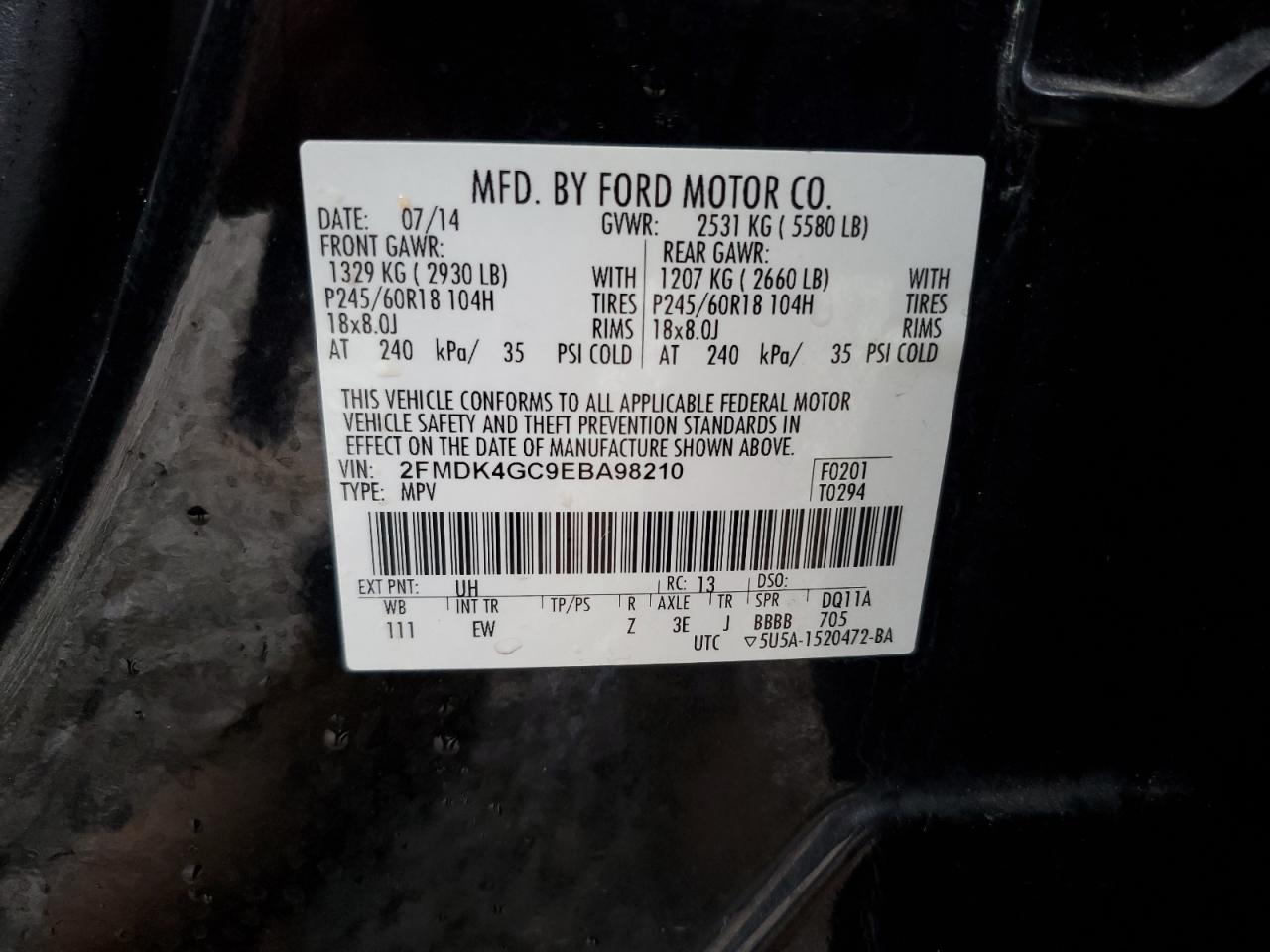 VIN 2FMDK4GC9EBA98210 2014 FORD EDGE no.13