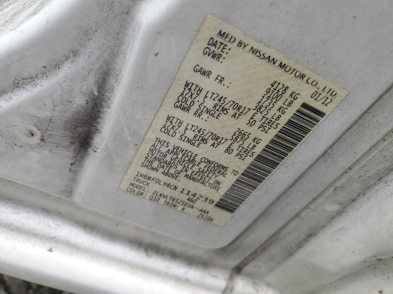 2012 Nissan Nv 2500 VIN: 1N6BF0LY4CN114239 Lot: 45467435