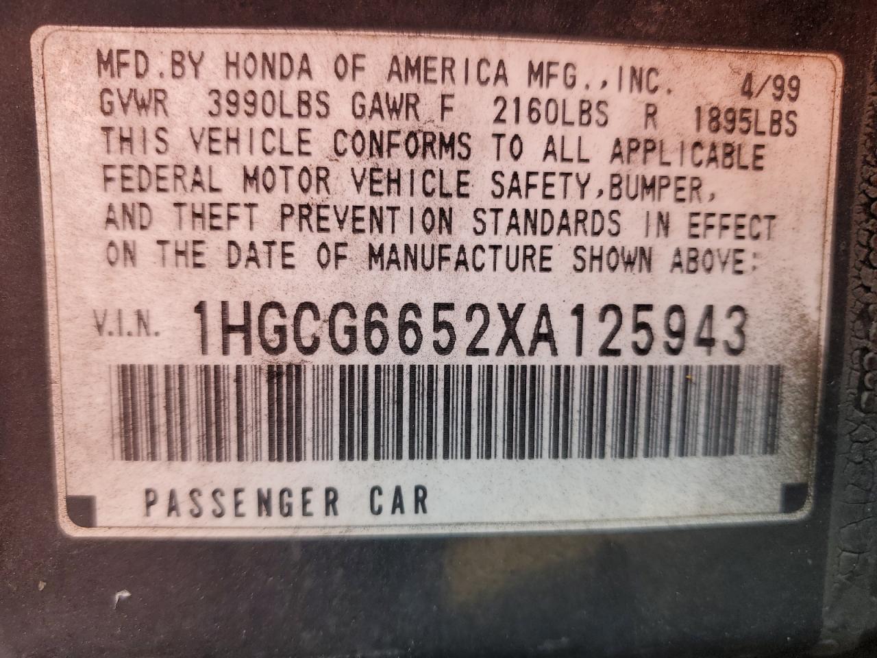 1999 Honda Accord Lx VIN: 1HGCG6652XA125943 Lot: 79425834