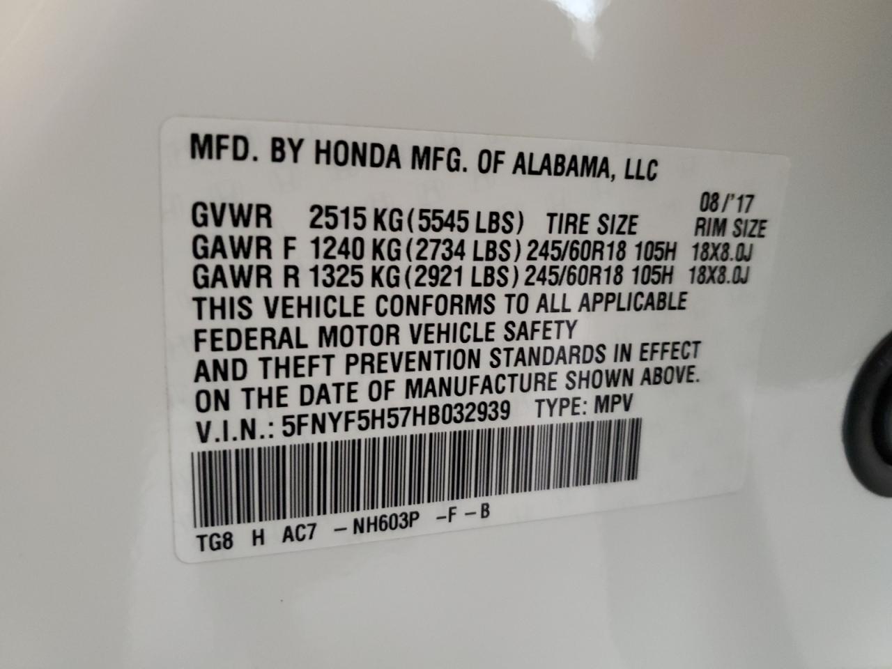 2017 Honda Pilot Exl VIN: 5FNYF5H57HB032939 Lot: 80162524