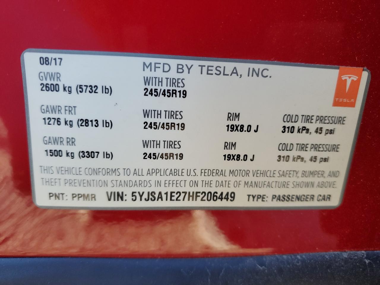 2017 Tesla Model S VIN: 5YJSA1E27HF206449 Lot: 74689554