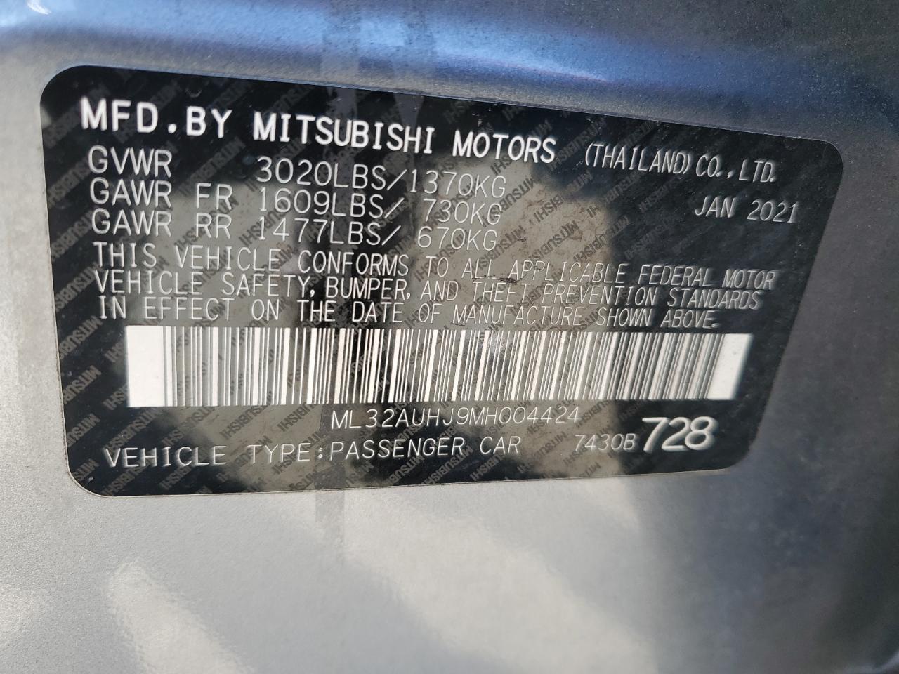 2021 Mitsubishi Mirage Es VIN: ML32AUHJ9MH004424 Lot: 80616264