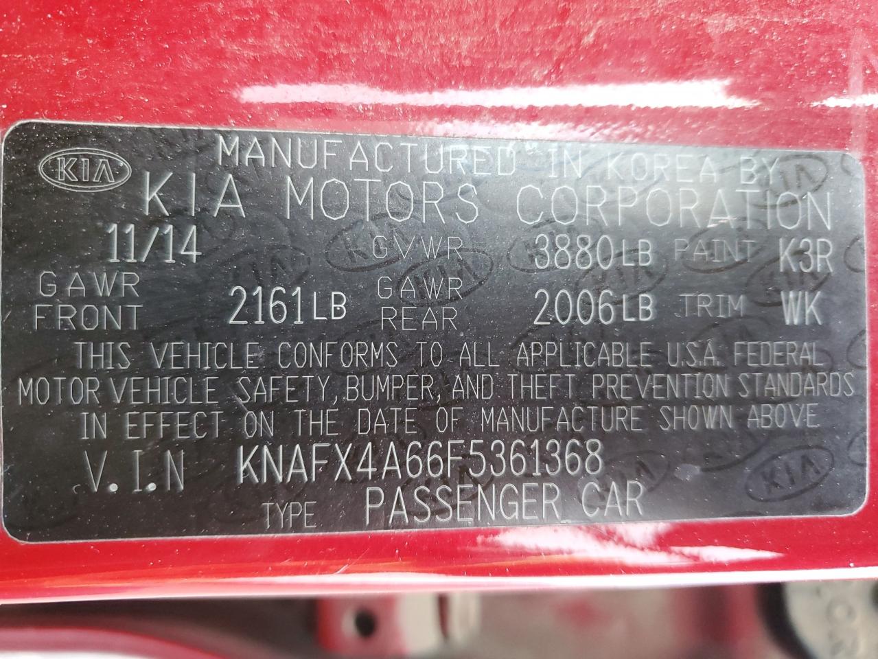 VIN KNAFX4A66F5361368 2015 KIA FORTE no.13