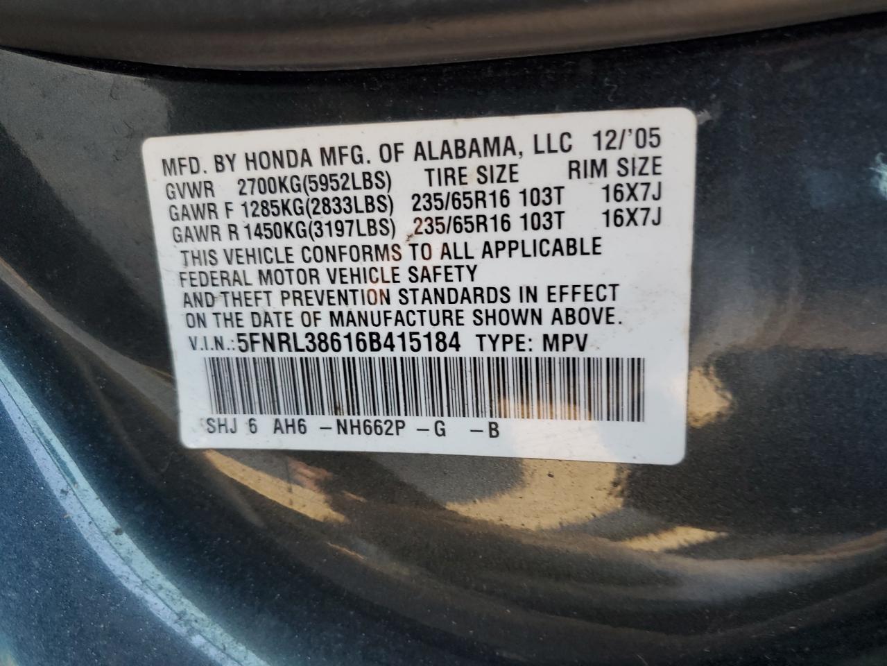 2006 Honda Odyssey Exl VIN: 5FNRL38616B415184 Lot: 79730634