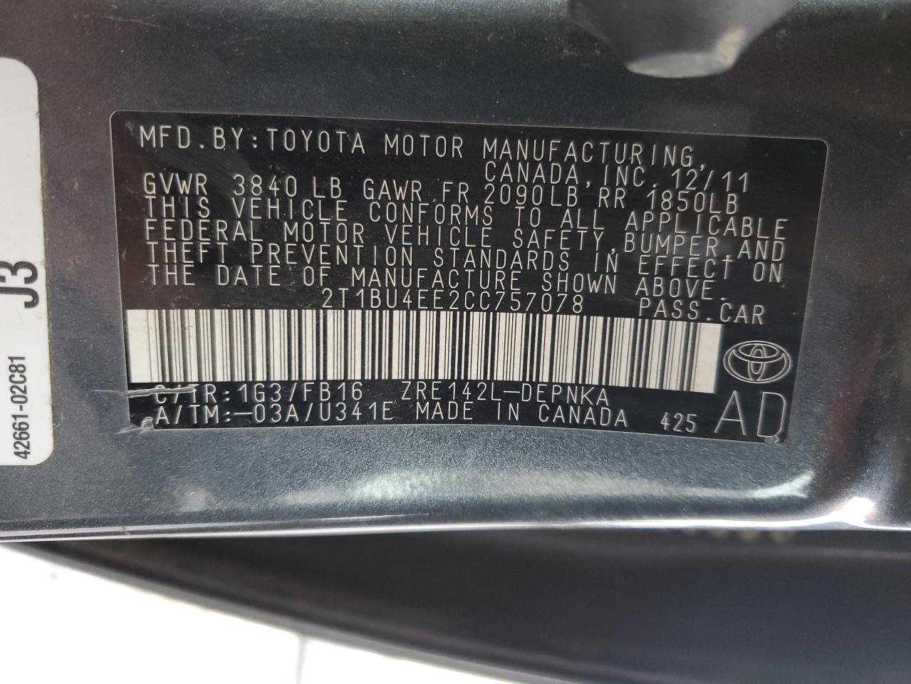 2012 Toyota Corolla Base VIN: 2T1BU4EE2CC757078 Lot: 82573214