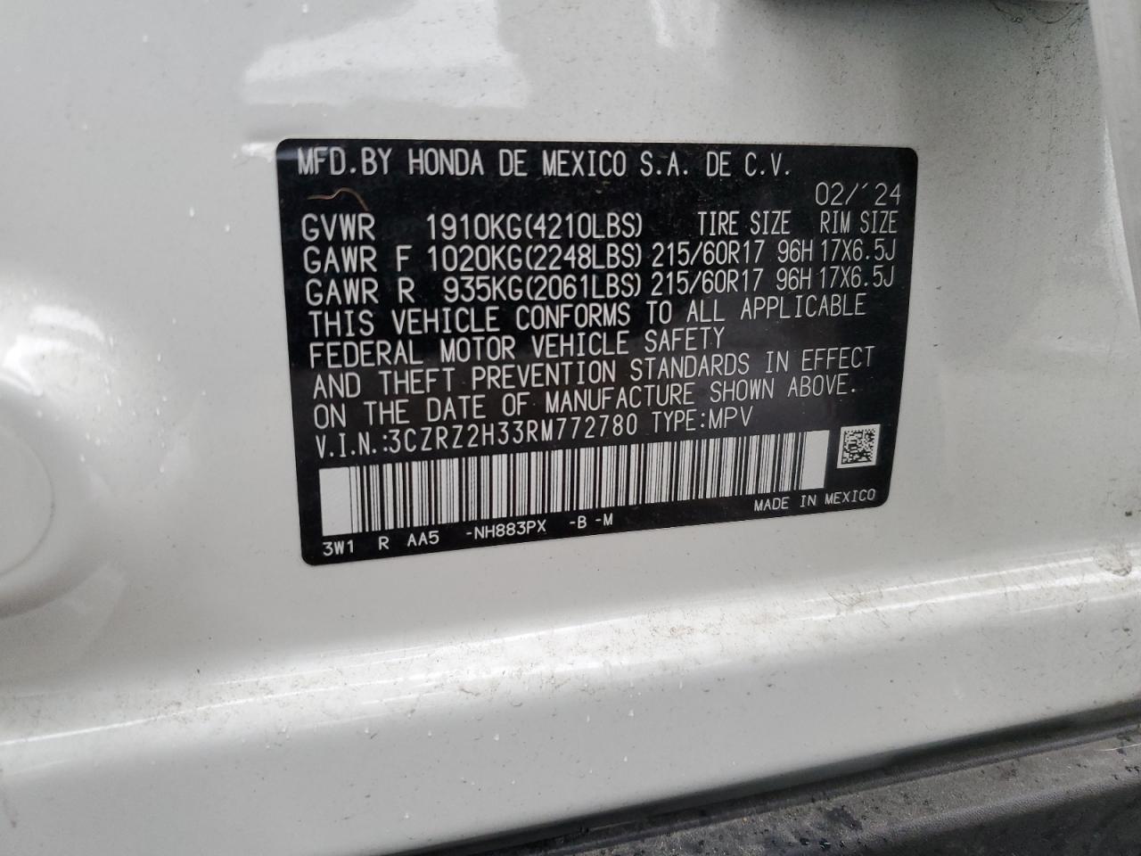 VIN 3CZRZ2H33RM772780 2024 HONDA HR-V no.13