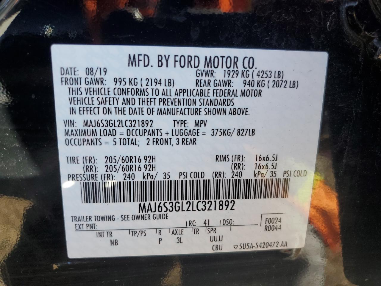 2020 Ford Ecosport Se VIN: MAJ6S3GL2LC321892 Lot: 81180684