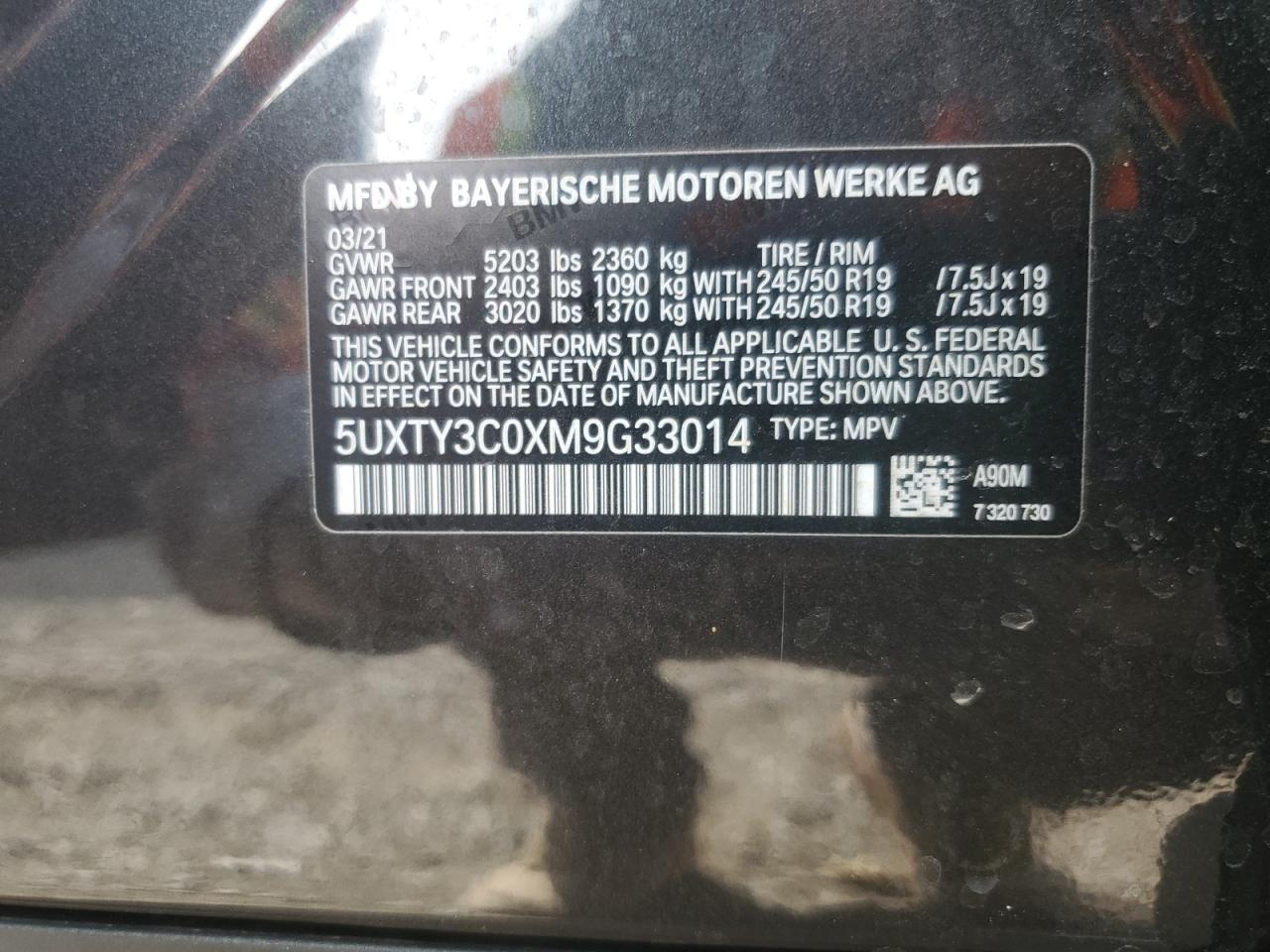 VIN 5UXTY3C0XM9G33014 2021 BMW X3 no.14