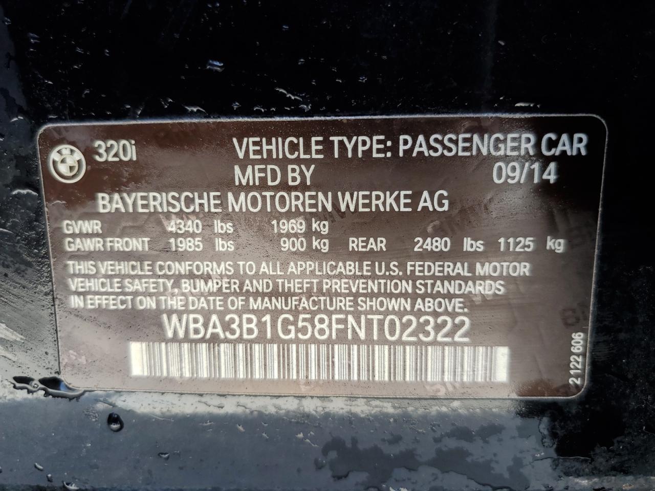 VIN WBA3B1G58FNT02322 2015 BMW 3 SERIES no.13