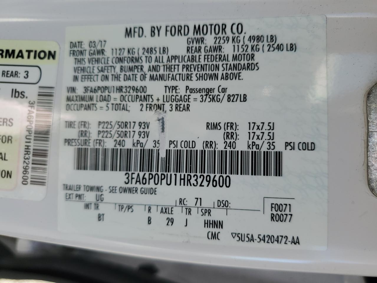 VIN 3FA6P0PU1HR329600 2017 FORD FUSION no.12