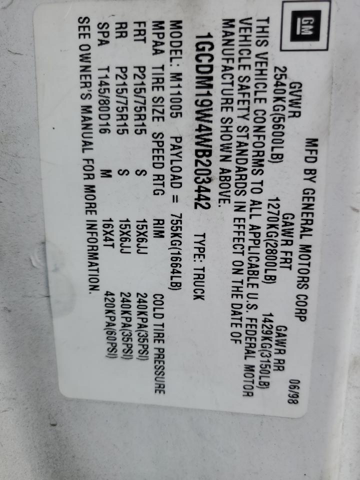 1998 Chevrolet Astro VIN: 1GCDM19W4WB203442 Lot: 82338424