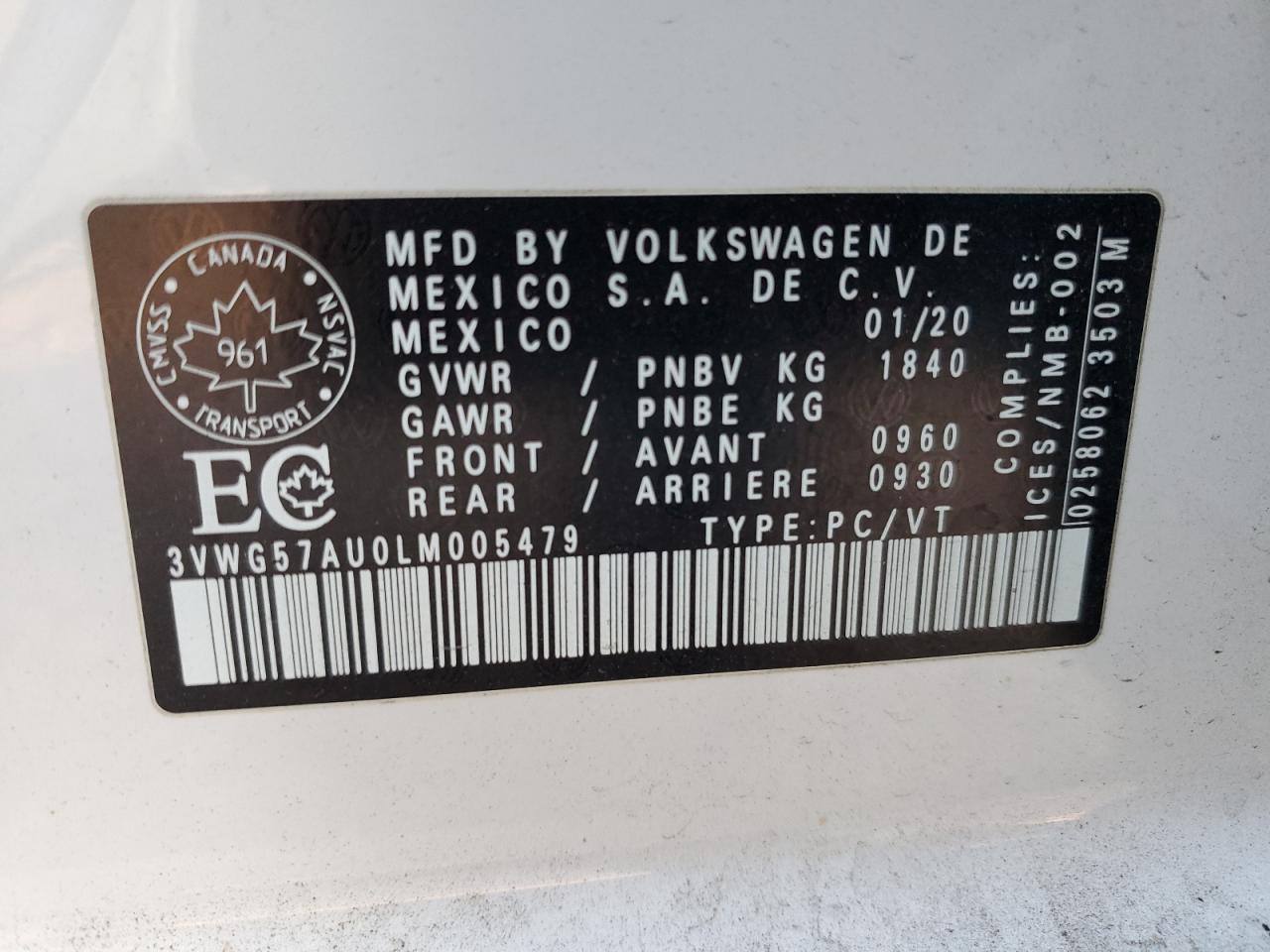 2020 Volkswagen Golf VIN: 3VWG57AU0LM005479 Lot: 81997244