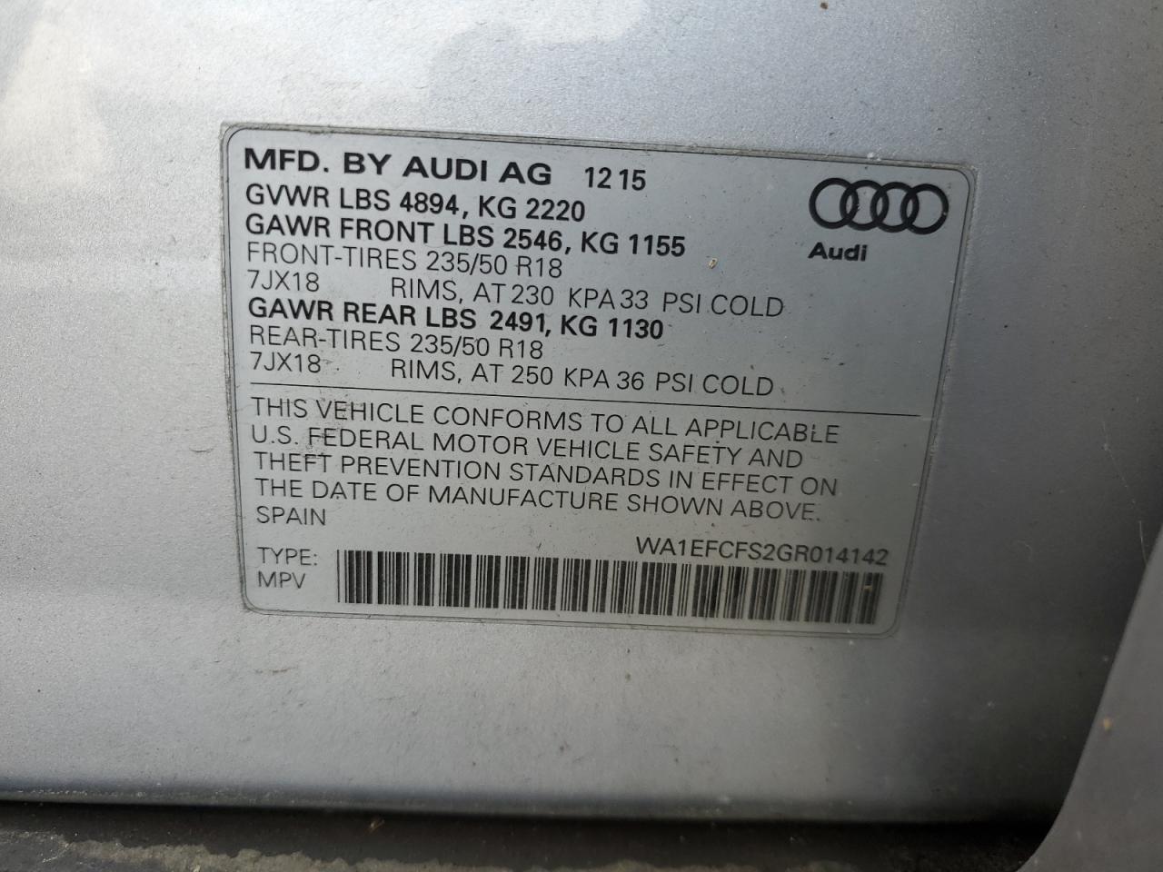 VIN WA1EFCFS2GR014142 2016 AUDI Q3 no.13