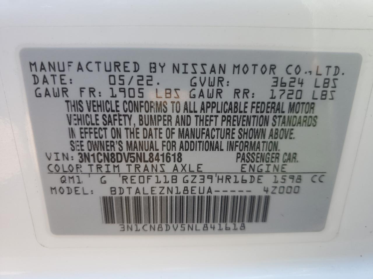 2022 Nissan Versa S VIN: 3N1CN8DV5NL841618 Lot: 77757954