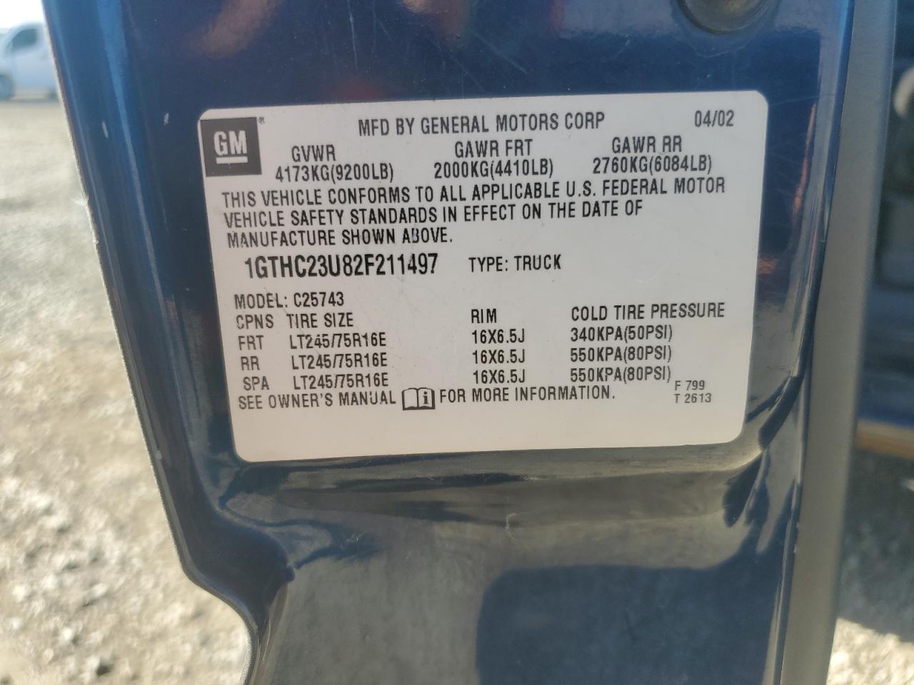 2002 GMC Sierra C2500 Heavy Duty VIN: 1GTHC23U82F211497 Lot: 82243034