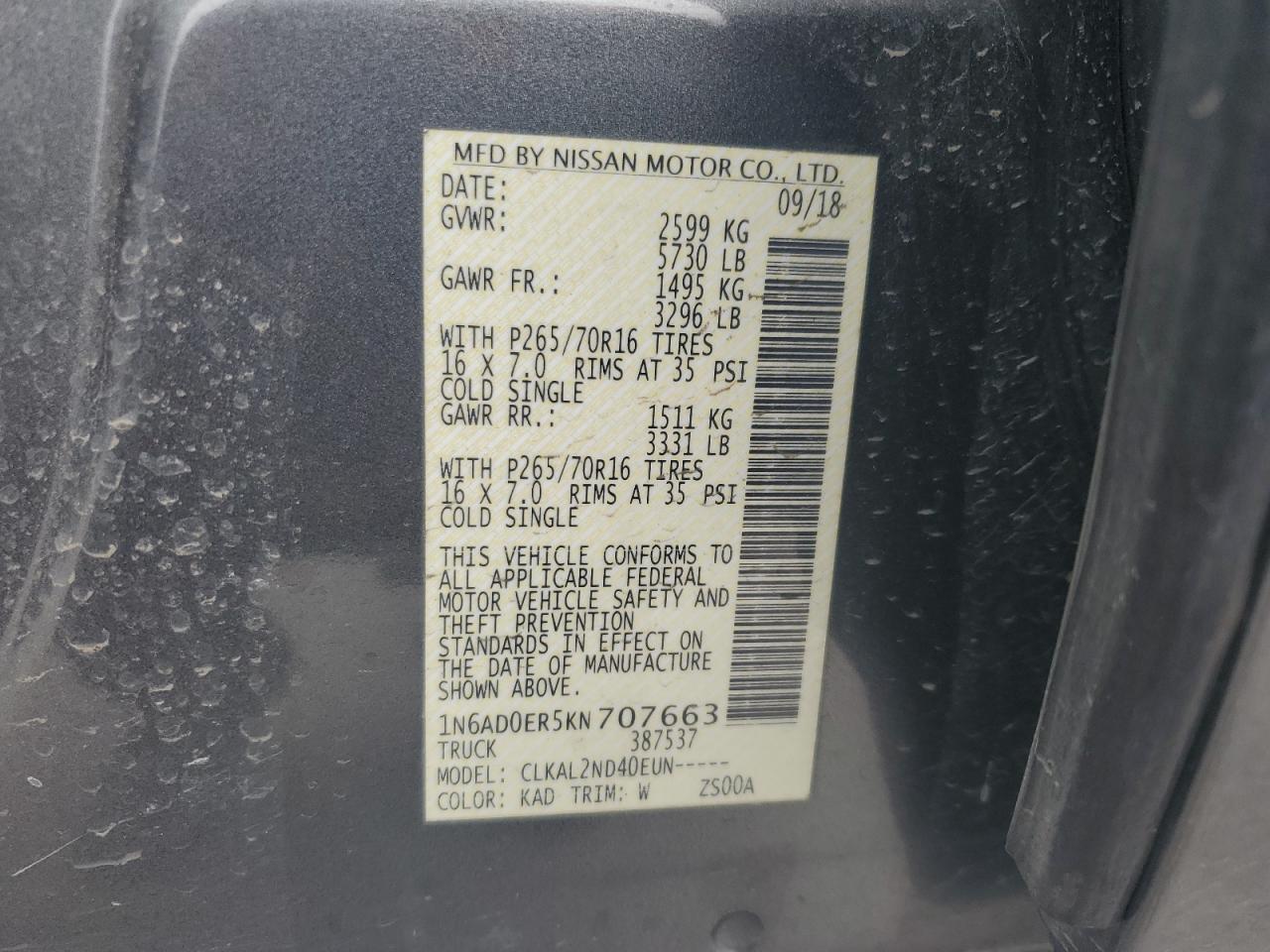 VIN 1N6AD0ER5KN707663 2019 NISSAN FRONTIER no.12