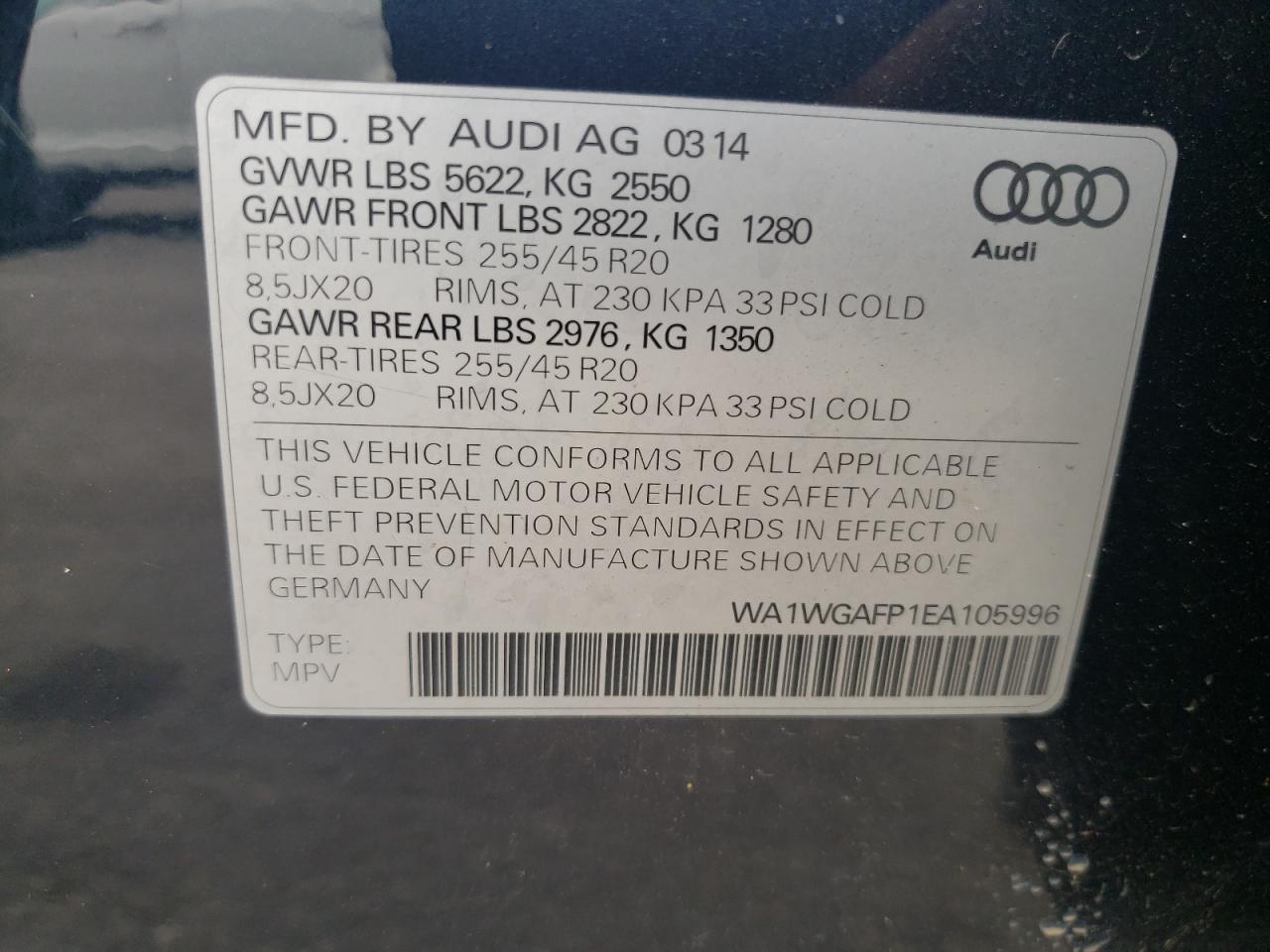 2014 Audi Q5 Prestige VIN: WA1WGAFP1EA105996 Lot: 78966924