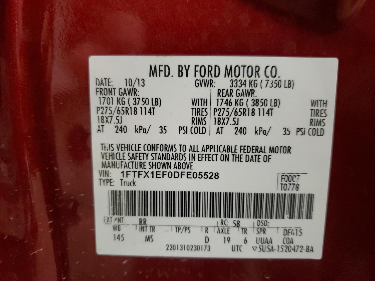 VIN 1FTFX1EF0DFE05528 2013 FORD F-150 no.12