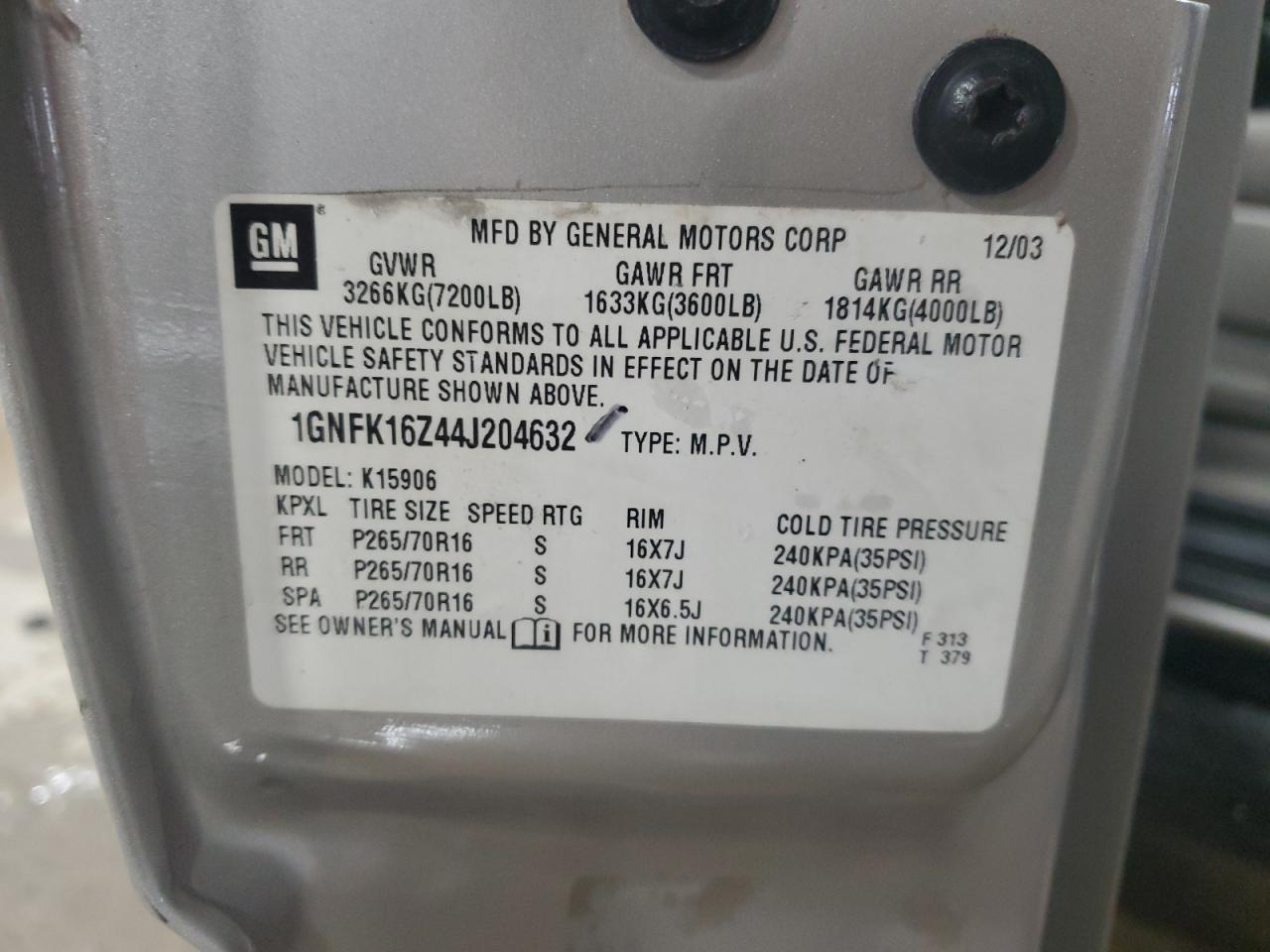 2004 Chevrolet Suburban K1500 VIN: 1GNFK16Z44J204632 Lot: 78125794