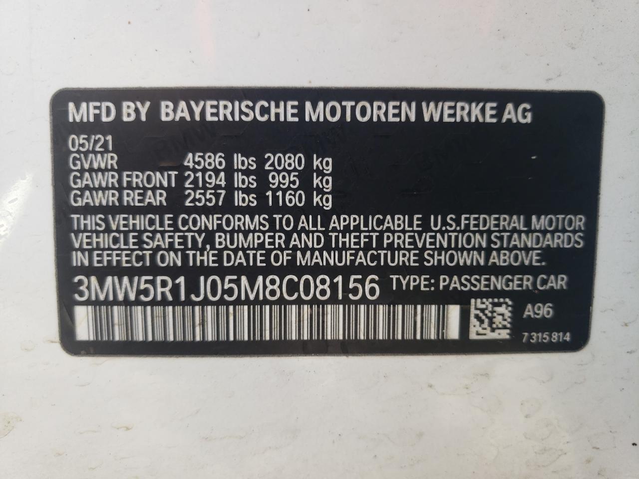 2021 BMW 330I VIN: 3MW5R1J05M8C08156 Lot: 81122744