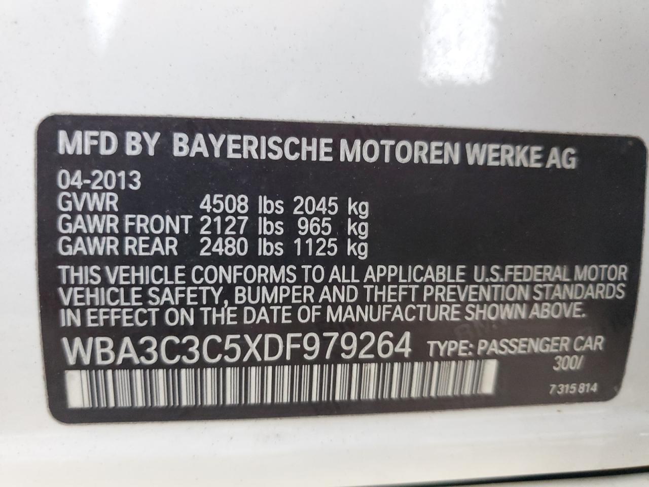 VIN WBA3C3C5XDF979264 2013 BMW 3 SERIES no.13