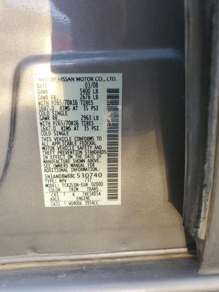 2008 Nissan Xterra Off Road VIN: 5N1AN08W88C530740 Lot: 80977024