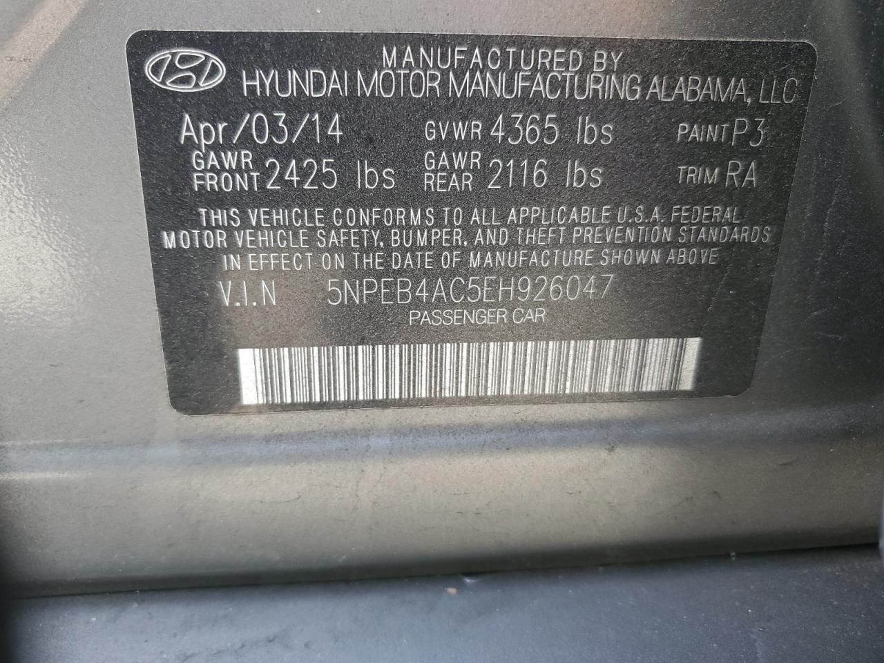 VIN 5NPEB4AC5EH926047 2014 HYUNDAI SONATA no.13