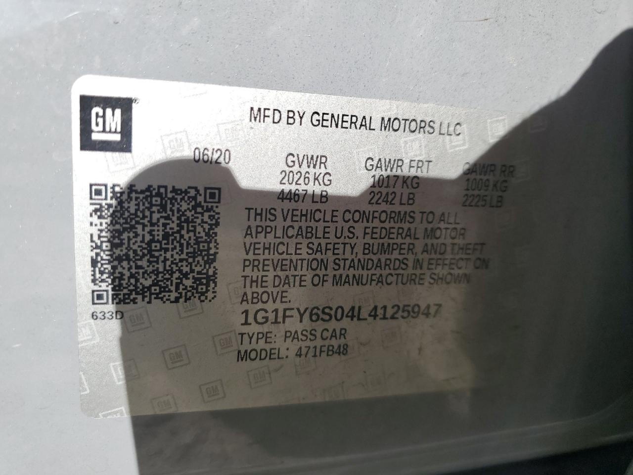 VIN 1G1FY6S04L4125947 2020 CHEVROLET BOLT no.12