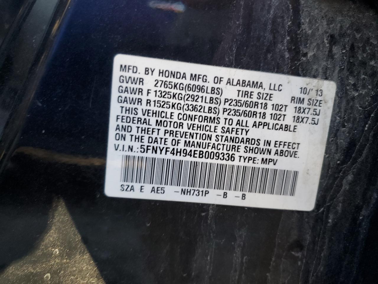 2014 Honda Pilot Touring VIN: 5FNYF4H94EB009336 Lot: 81465164