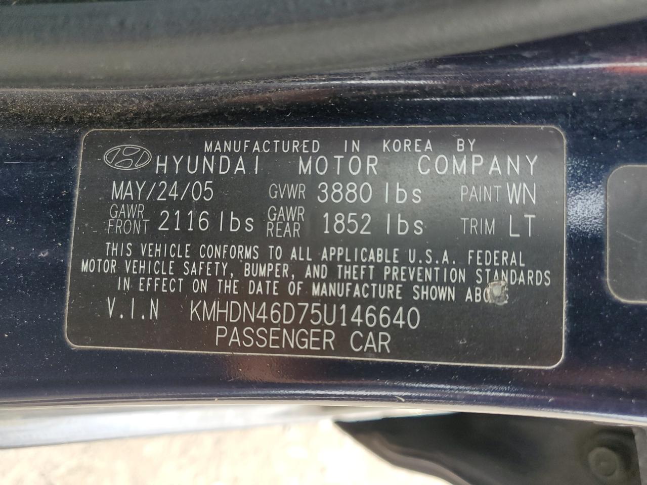 2005 Hyundai Elantra Gls VIN: KMHDN46D75U146640 Lot: 81188684