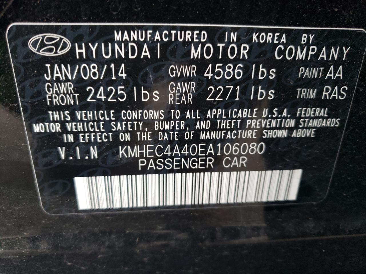 2014 Hyundai Sonata Hybrid VIN: KMHEC4A40EA106080 Lot: 80280184