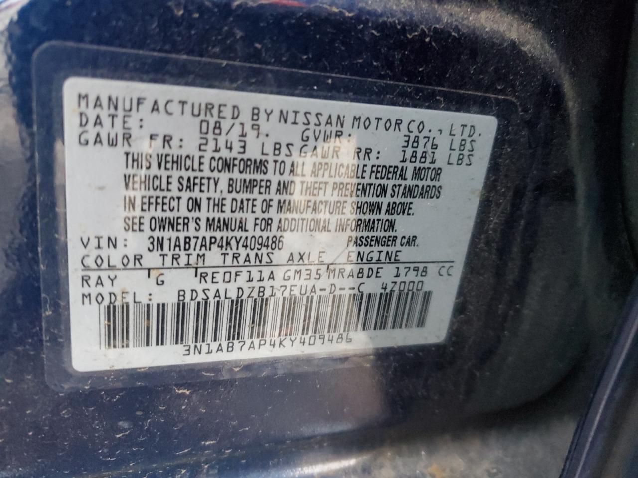 VIN 3N1AB7AP4KY409486 2019 NISSAN SENTRA no.12