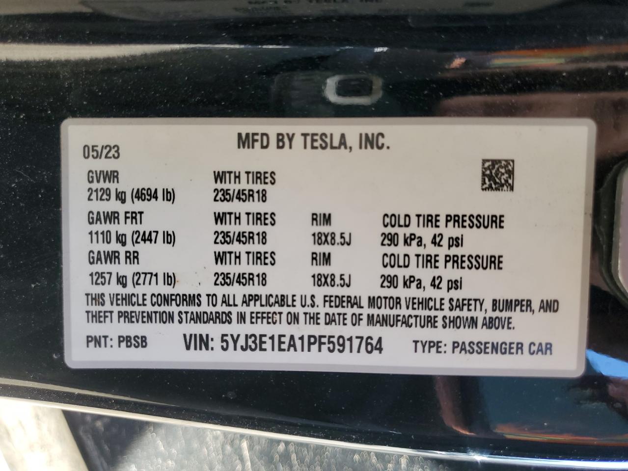 2023 Tesla Model 3 VIN: 5YJ3E1EA1PF591764 Lot: 78400474