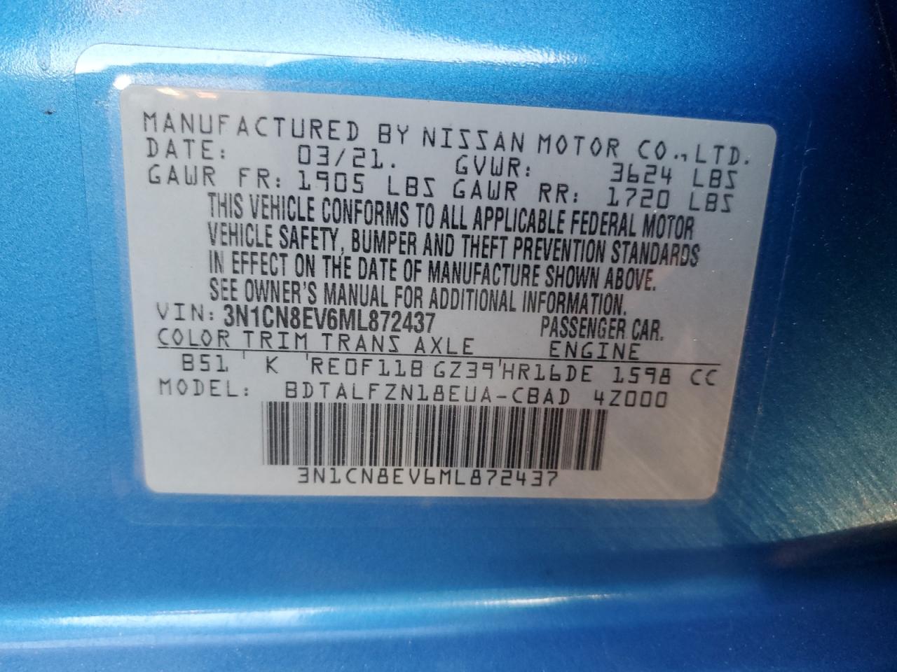 VIN 3N1CN8EV6ML872437 2021 NISSAN VERSA no.12