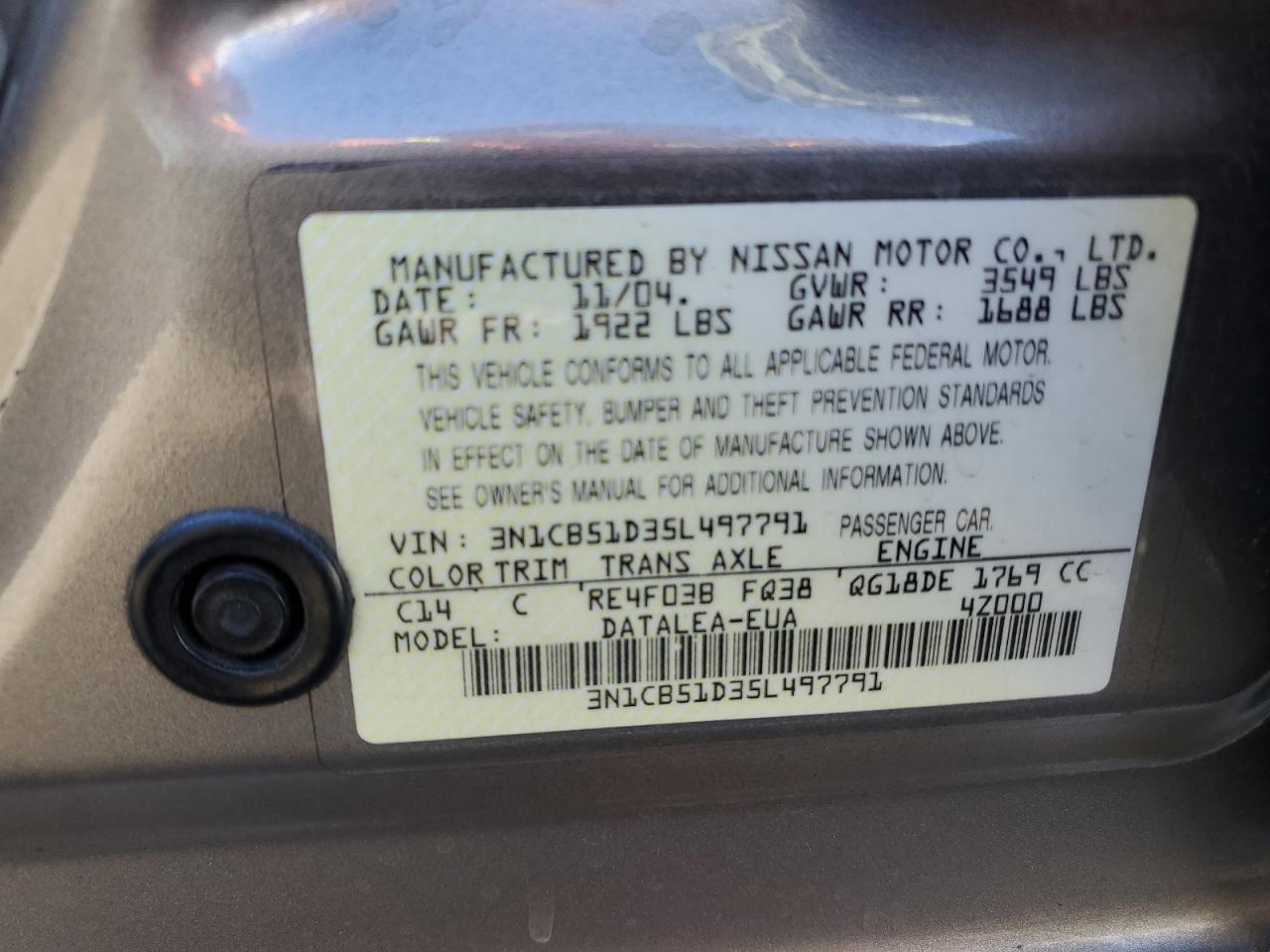 2005 Nissan Sentra 1.8 VIN: 3N1CB51D35L497791 Lot: 79554654