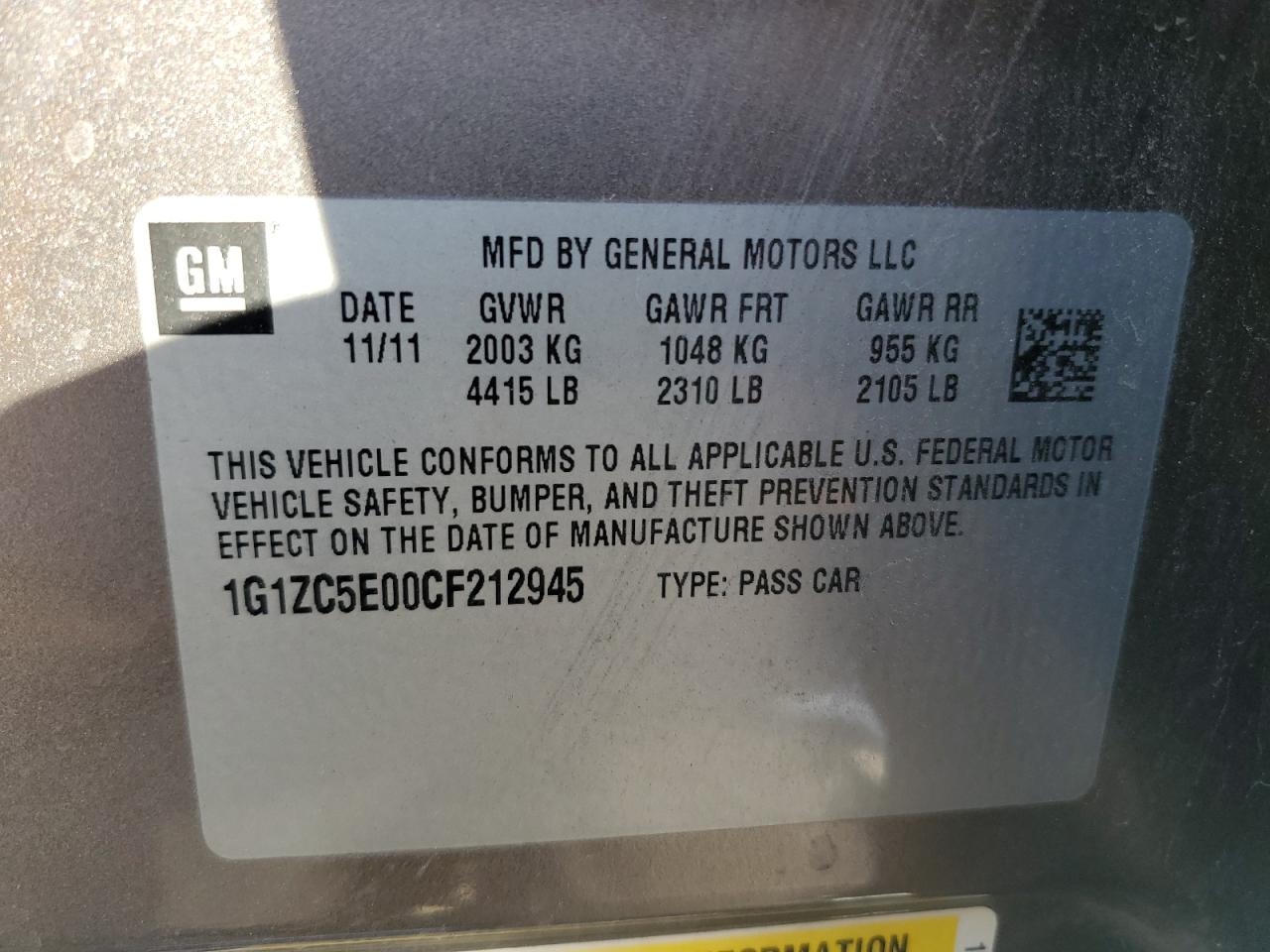 2012 Chevrolet Malibu 1Lt VIN: 1G1ZC5E00CF212945 Lot: 80347894