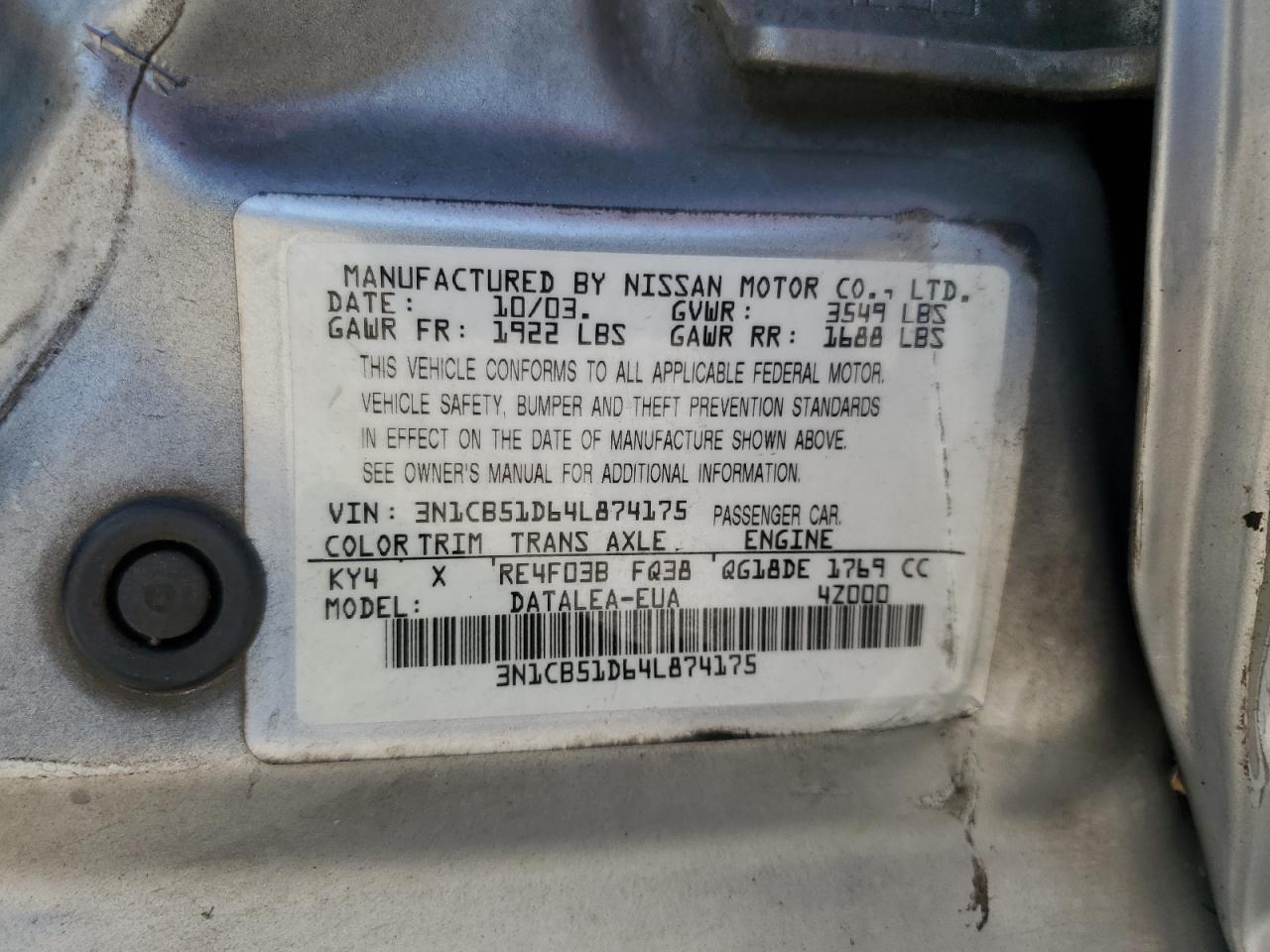 2004 Nissan Sentra 1.8 VIN: 3N1CB51D64L874175 Lot: 80435414