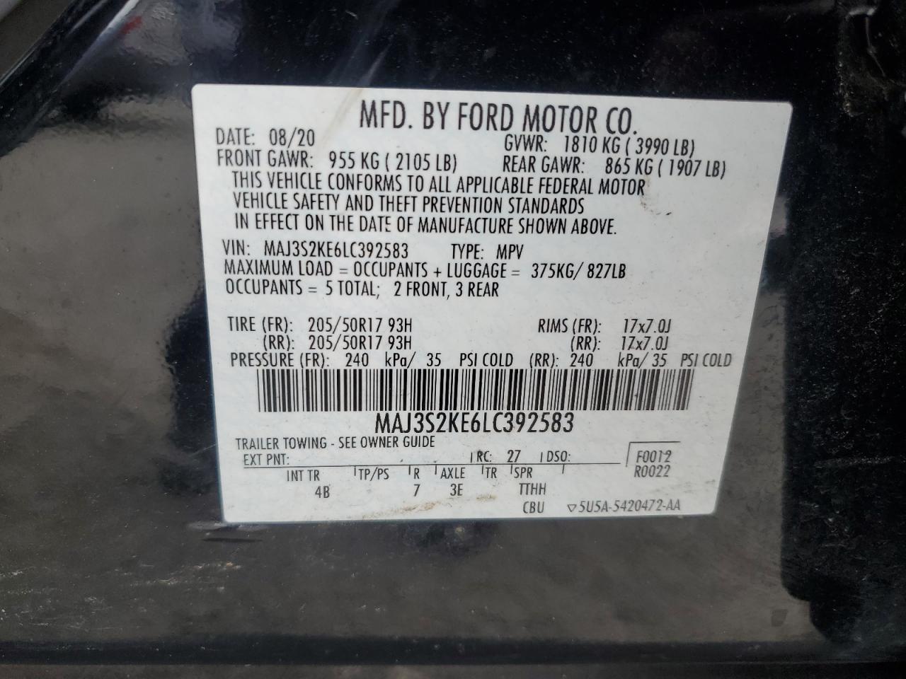 2020 Ford Ecosport Titanium VIN: MAJ3S2KE6LC392583 Lot: 78894934