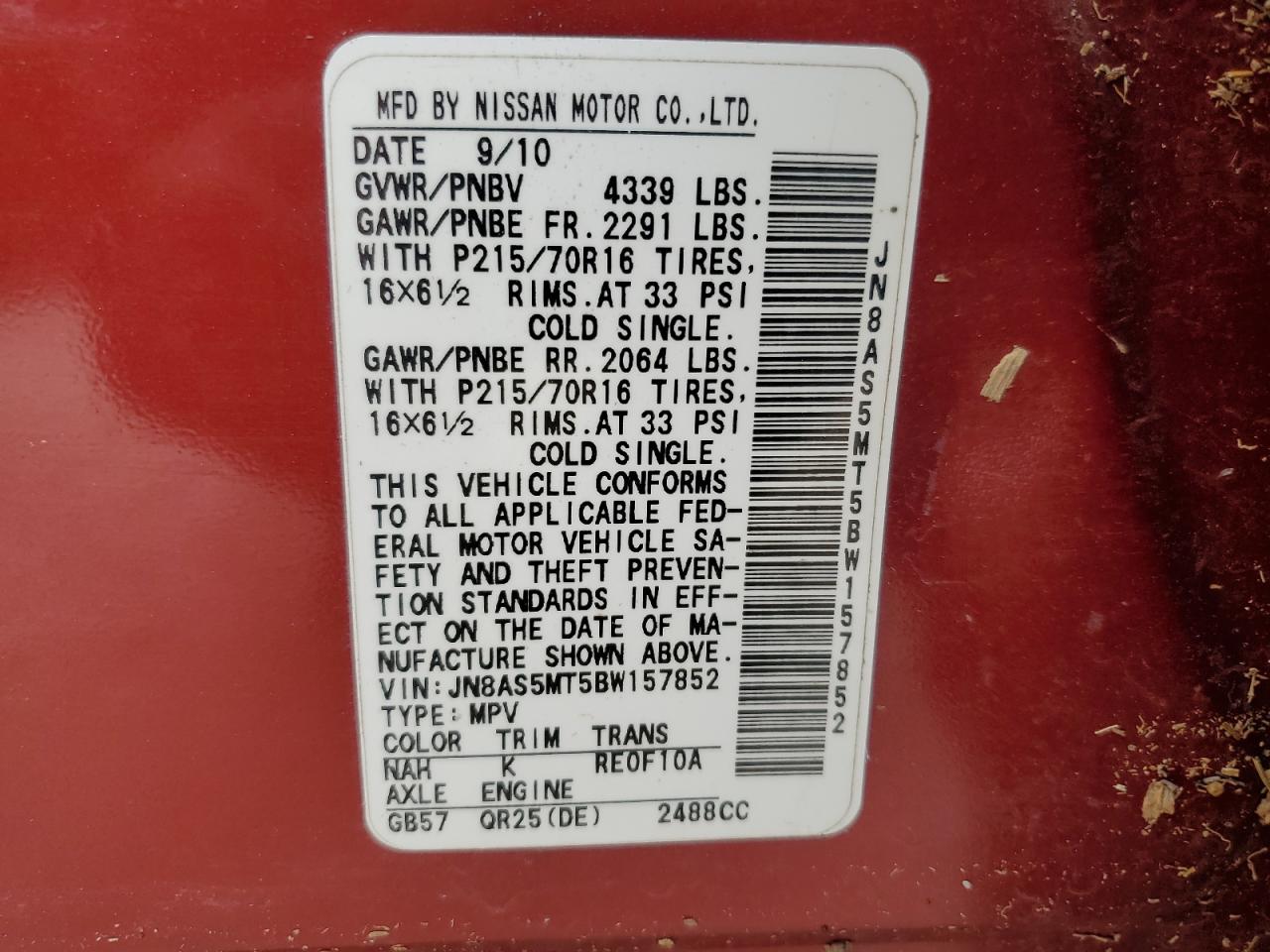 2011 Nissan Rogue S VIN: JN8AS5MT5BW157852 Lot: 89157405