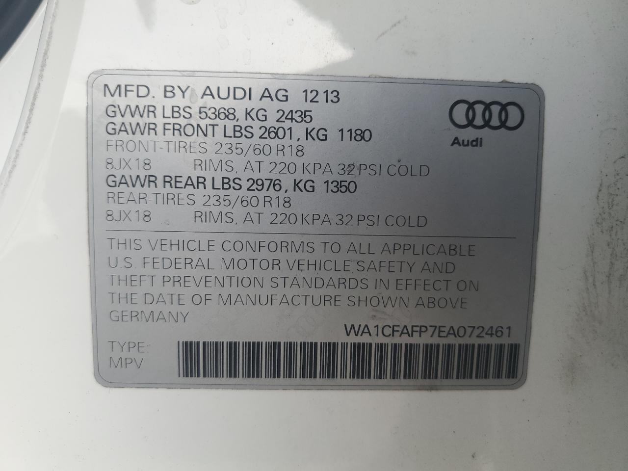 2014 Audi Q5 Premium VIN: WA1CFAFP7EA072461 Lot: 81576264