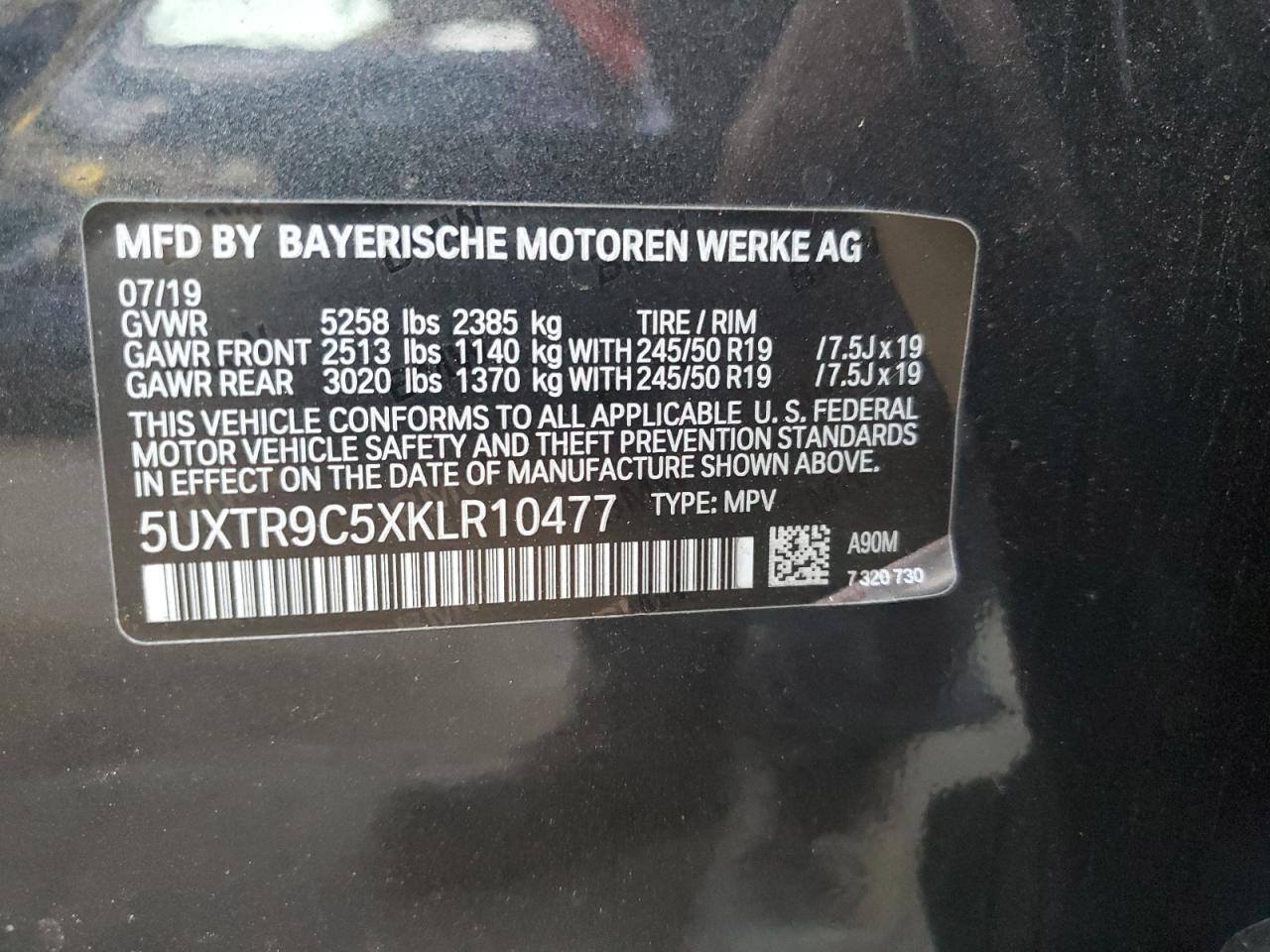 VIN 5UXTR9C5XKLR10477 2019 BMW X3 no.13