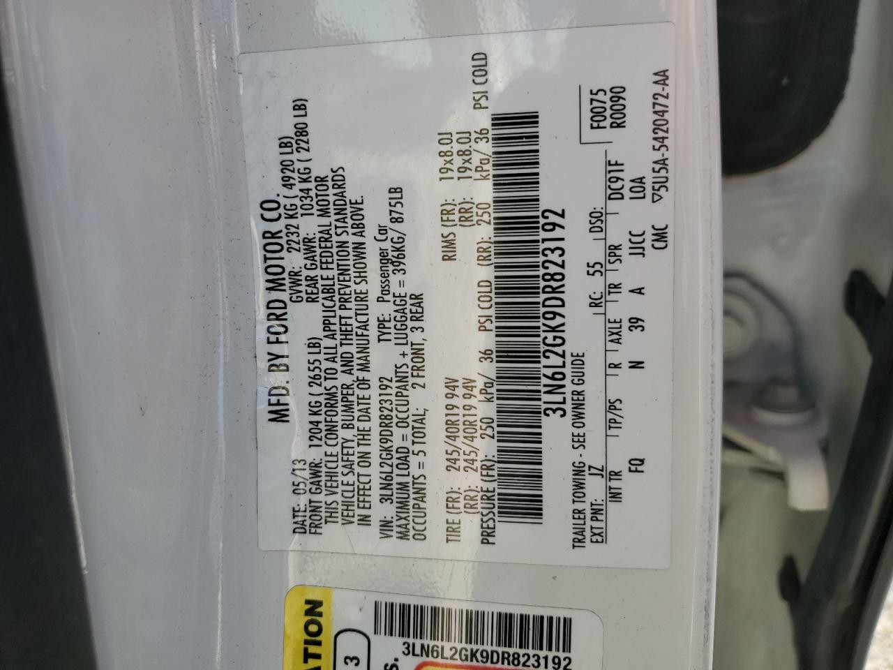 2013 Lincoln Mkz VIN: 3LN6L2GK9DR823192 Lot: 80078084