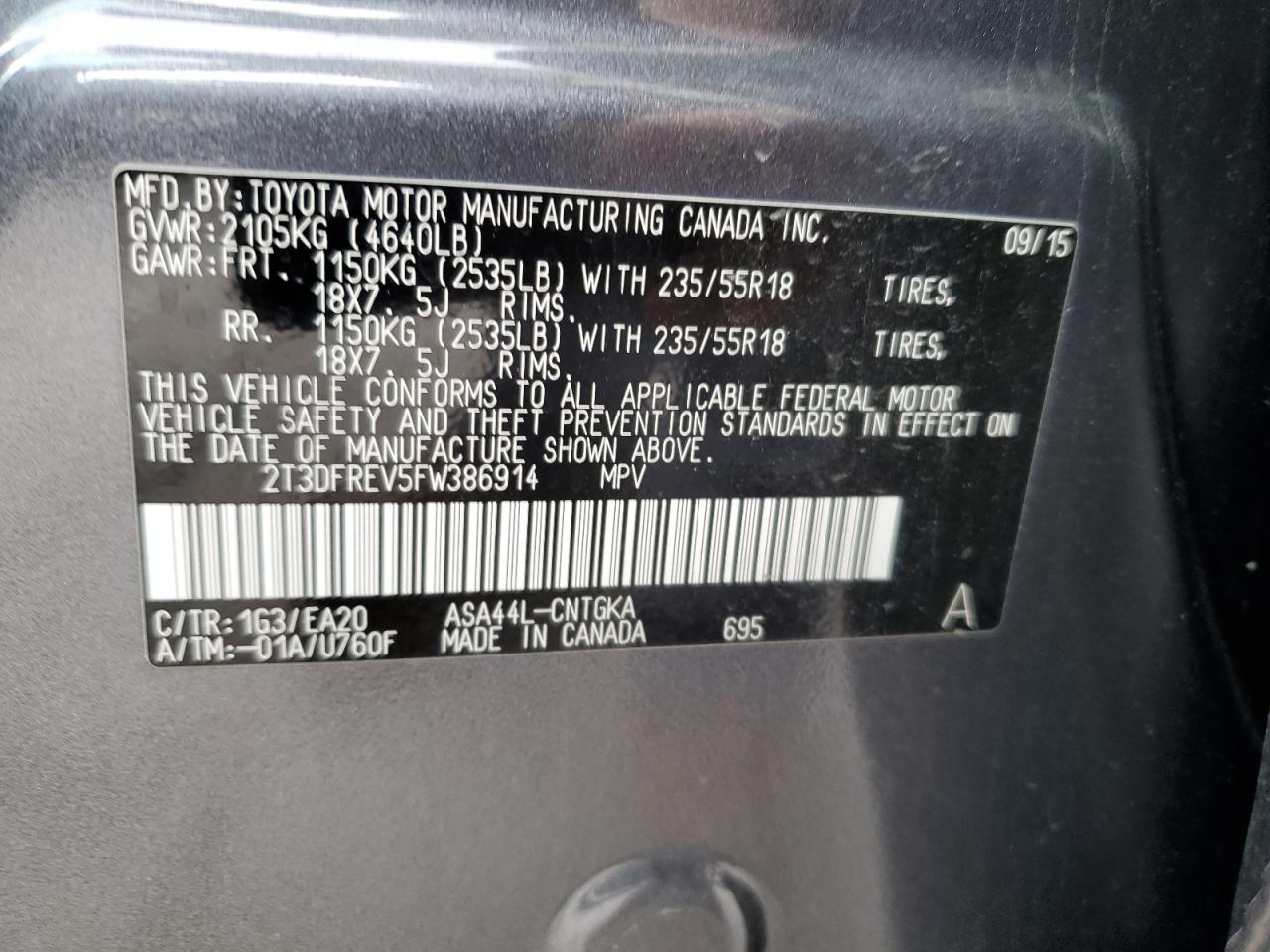 2T3DFREV5FW386914 2015 Toyota Rav4 Limited