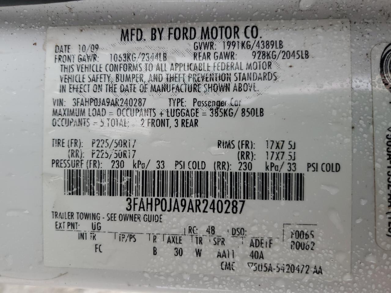 2010 Ford Fusion Sel VIN: 3FAHP0JA9AR240287 Lot: 78254254