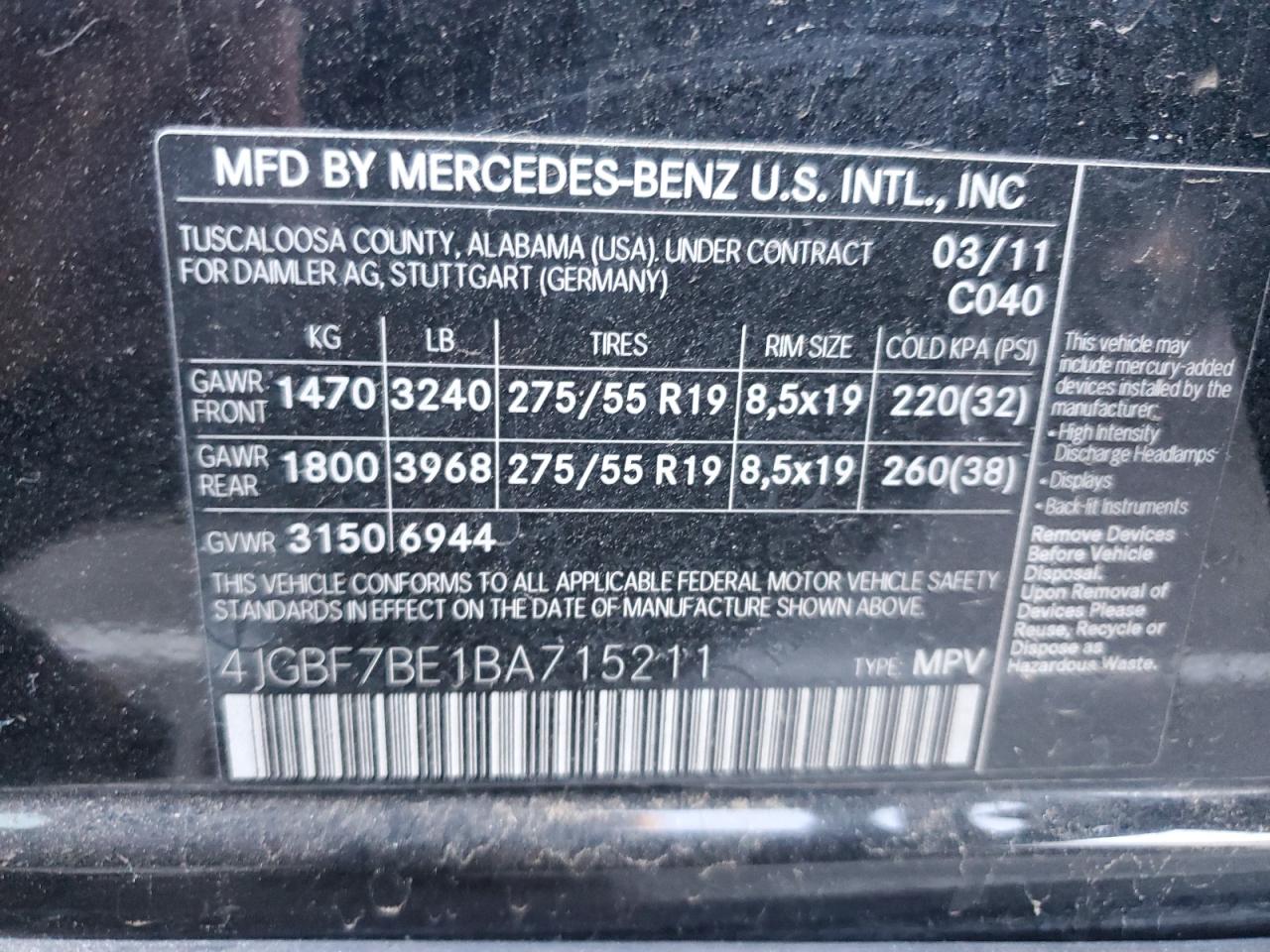 2011 Mercedes-Benz Gl 450 4Matic VIN: 4JGBF7BE1BA715211 Lot: 79910904