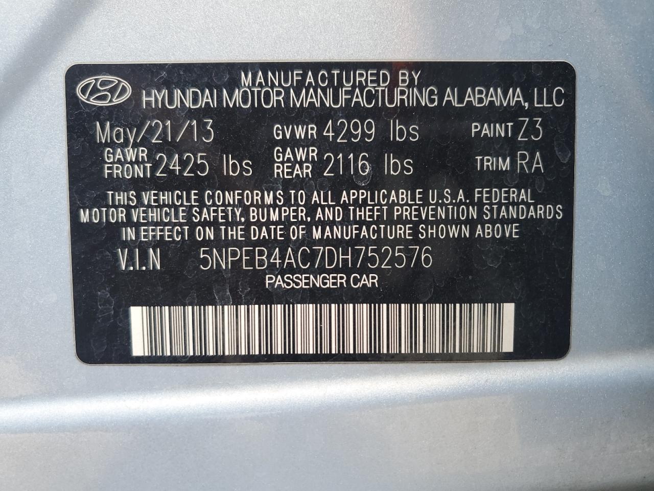 2013 Hyundai Sonata Gls VIN: 5NPEB4AC7DH752576 Lot: 80241324