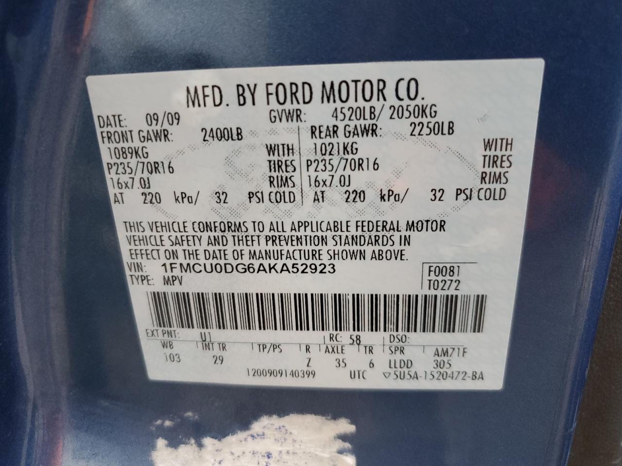 2010 Ford Escape Xlt VIN: 1FMCU0DG6AKA52923 Lot: 80037574