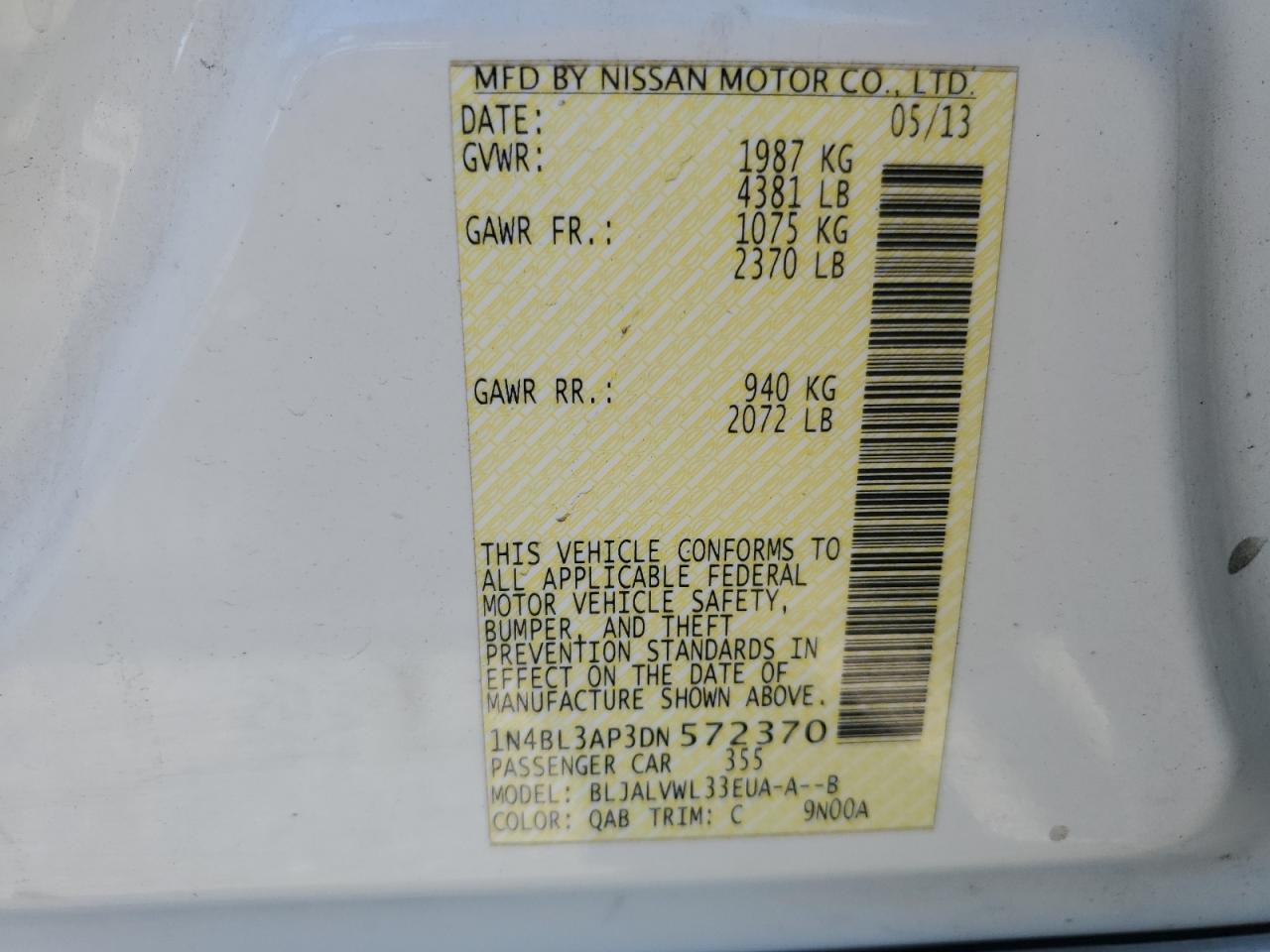 2013 Nissan Altima 3.5S VIN: 1N4BL3AP3DN572370 Lot: 78937714