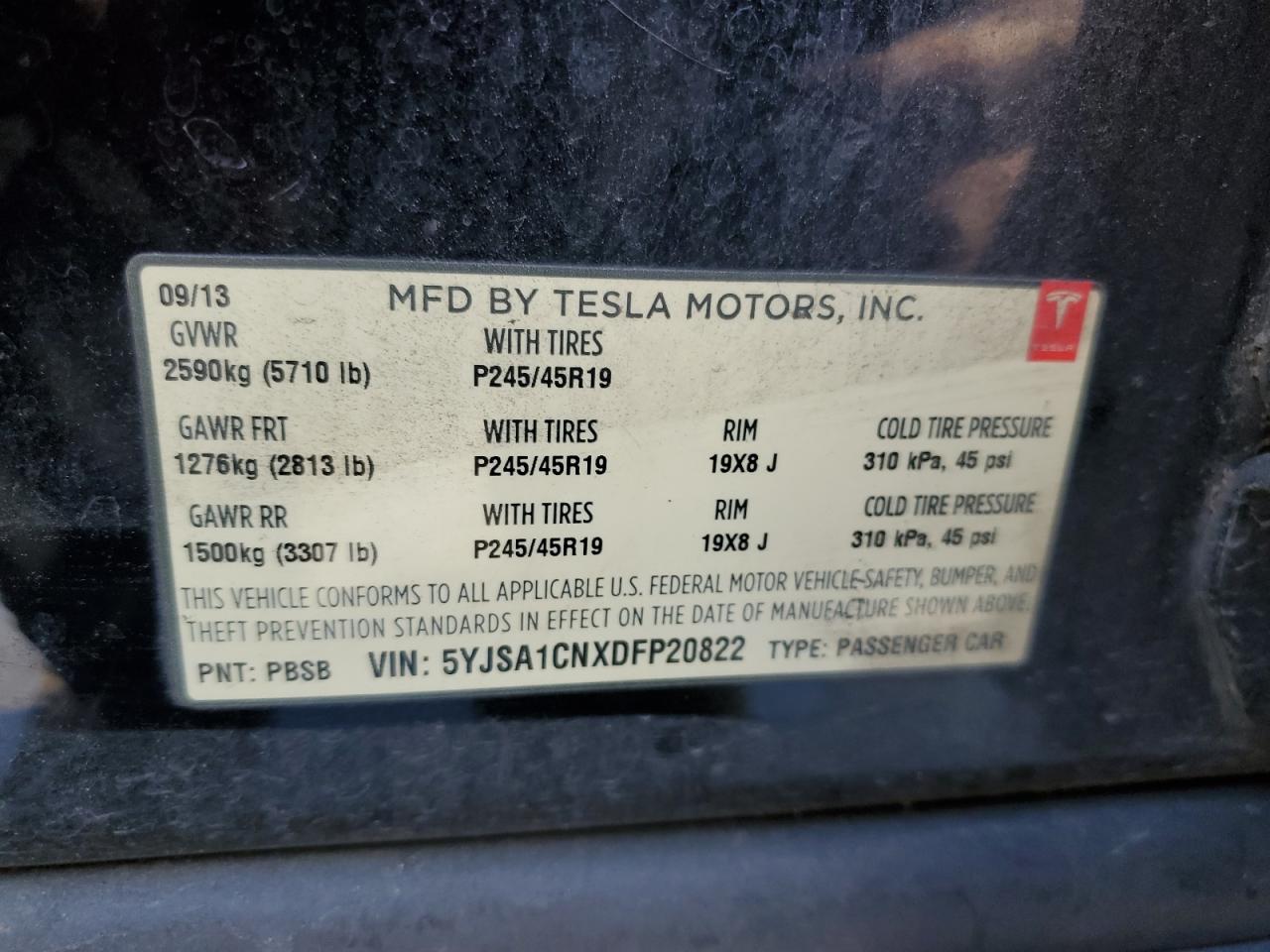 2013 Tesla Model S VIN: 5YJSA1CNXDFP20822 Lot: 80058654